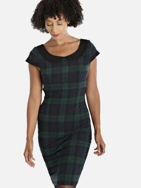 Hell Bunny Black & Green Plaid Scoop Collar Midi Dress